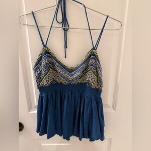 Free People Bella Blue Sleeveless Embroidered Halter Tank Top - NWT